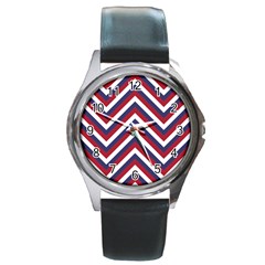 United States Red White And Blue American Jumbo Chevron Stripes Round Metal Watch by PodArtist