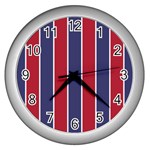 Large Red White and Blue USA Memorial Day Holiday Vertical Cabana Stripes Wall Clocks (Silver)  Front