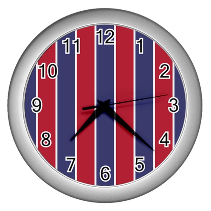 Large Red White and Blue USA Memorial Day Holiday Vertical Cabana Stripes Wall Clocks (Silver) 