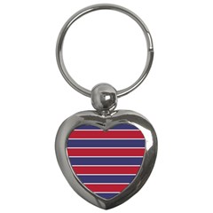 Large Red White And Blue Usa Memorial Day Holiday Horizontal Cabana Stripes Key Chains (heart)  by PodArtist