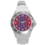 Large Red White and Blue USA Memorial Day Holiday Pinstripe Round Plastic Sport Watch (L) Front