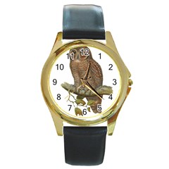 Bird Owl Animal Vintage Isolated Round Gold Metal Watch by Sapixe