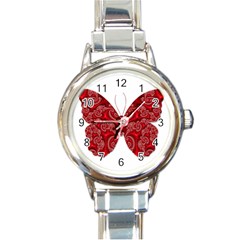 Butterfly Red Fractal Art Nature Round Italian Charm Watch by Sapixe