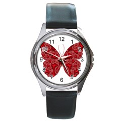 Butterfly Red Fractal Art Nature Round Metal Watch by Sapixe