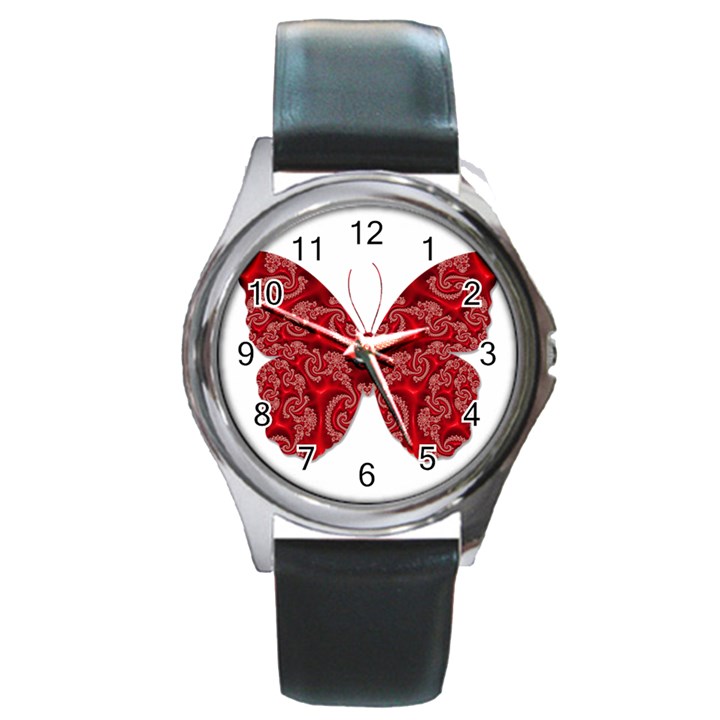 Butterfly Red Fractal Art Nature Round Metal Watch