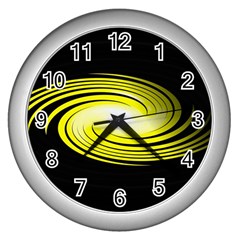 Fractal Swirl Yellow Black Whirl Wall Clocks (silver) 