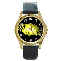 Fractal Swirl Yellow Black Whirl Round Gold Metal Watch by Sapixe