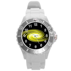 Fractal Swirl Yellow Black Whirl Round Plastic Sport Watch (l) by Sapixe