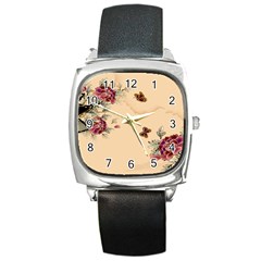 Flower Traditional Chinese Painting Square Metal Watch by Sapixe