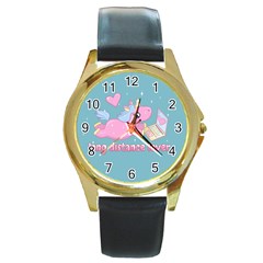 Long Distance Lover - Cute Unicorn Round Gold Metal Watch by Valentinaart