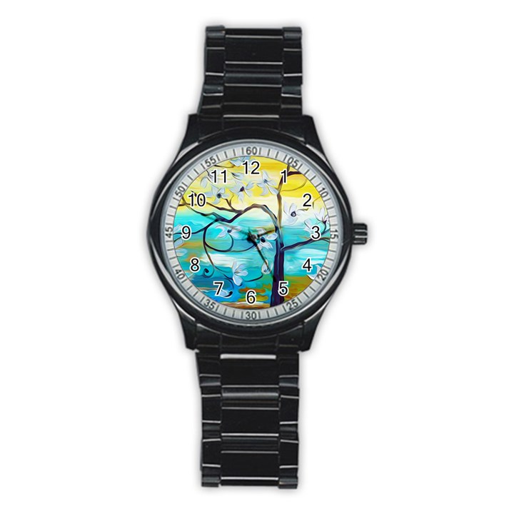 Oil Painting Tree Flower Stainless Steel Round Watch