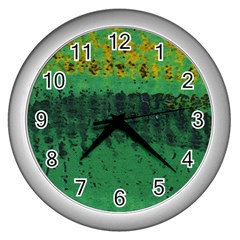 Green Fabric Textile Macro Detail Wall Clocks (silver)  by Sapixe