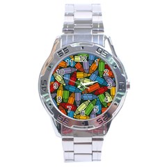 Colored Pencils Pens Paint Color Stainless Steel Analogue Watch by Sapixe