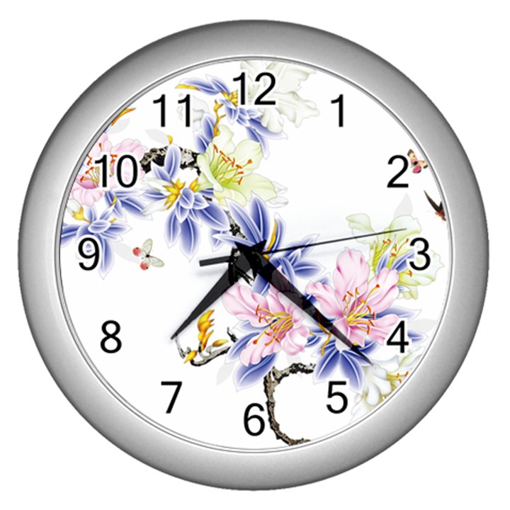 Lily Hand Painted Iris Wall Clocks (Silver) 