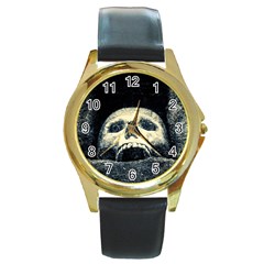 Smiling Skull Round Gold Metal Watch by FunnyCow