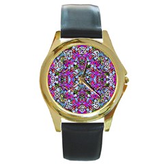 Multicolored Floral Collage Pattern 7200 Round Gold Metal Watch