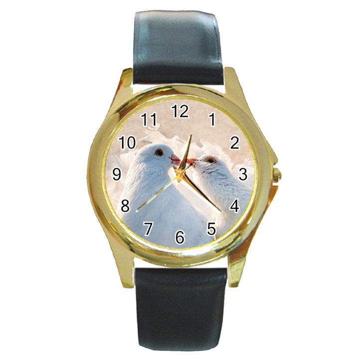 Doves In Love Round Gold Metal Watch