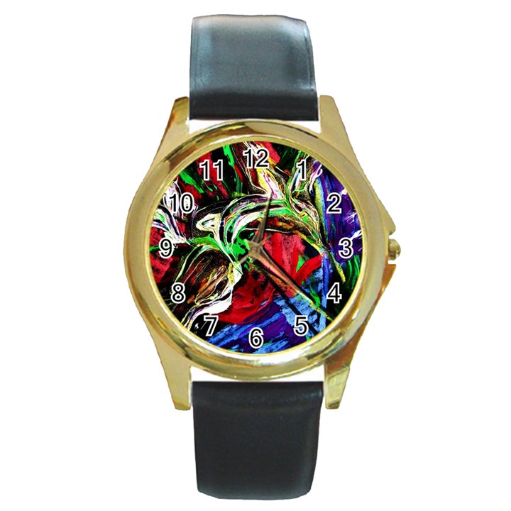 Lillies In The Terracotta Vase 3 Round Gold Metal Watch