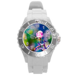 Pink Rose Flower Round Plastic Sport Watch (l) by FunnyCow