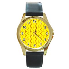 Yellow Background Abstract Round Gold Metal Watch by Nexatart