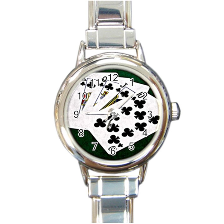 Poker Hands   Royal Flush Clubs Round Italian Charm Watch