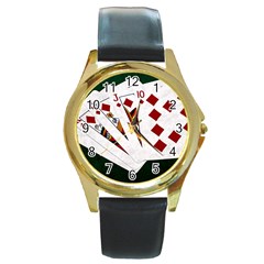 Poker Hands   Royal Flush Diamonds Round Gold Metal Watch by FunnyCow