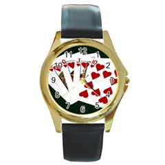 Poker Hands   Royal Flush Hearts Round Gold Metal Watch by FunnyCow