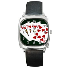 Poker Hands   Royal Flush Hearts Square Metal Watch by FunnyCow