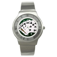 Poker Hands   Straight Flush Clubs Stainless Steel Watch by FunnyCow