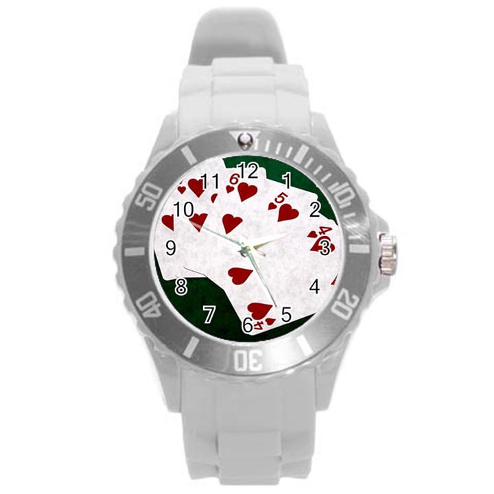 Poker Hands Straight Flush Hearts Round Plastic Sport Watch (L)