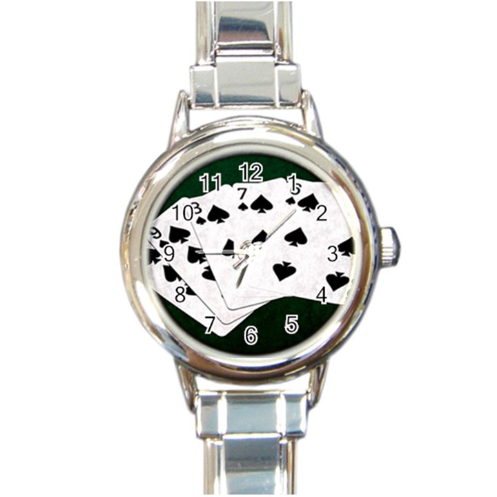 Poker Hands Straight Flush Spades Round Italian Charm Watch