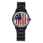 American Usa Flag Vertical Stainless Steel Round Watch Front