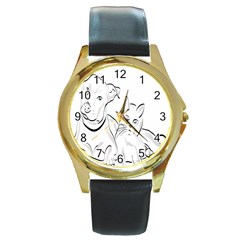 Dog Cat Pet Silhouette Animal Round Gold Metal Watch by Sapixe