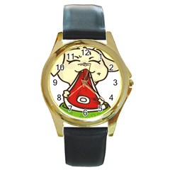 Doggy Dog Puppy Animal Pet Figure Round Gold Metal Watch by Sapixe