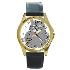 Cat Kitty Gray Tiger Tabby Pet Round Gold Metal Watch