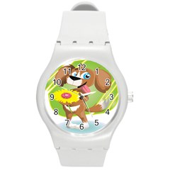 Dog Character Animal Flower Cute Round Plastic Sport Watch (m) by Sapixe