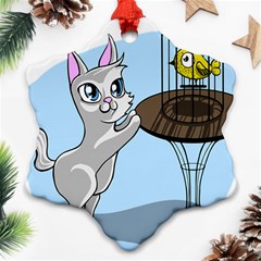 Cat Bird Cage Hunt Hunting Pet Snowflake Ornament (two Sides) by Sapixe