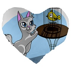 Cat Bird Cage Hunt Hunting Pet Large 19  Premium Heart Shape Cushions by Sapixe