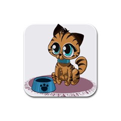 Kitty Cat Big Eyes Ears Animal Rubber Square Coaster (4 Pack)  by Sapixe