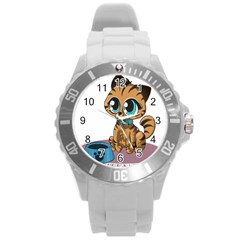 Kitty Cat Big Eyes Ears Animal Round Plastic Sport Watch (l) by Sapixe