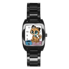 Kitty Cat Big Eyes Ears Animal Stainless Steel Barrel Watch by Sapixe