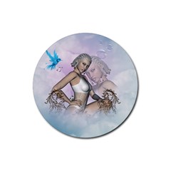 Fairy In The Sky With Fantasy Bird Rubber Coaster (round)  by FantasyWorld7