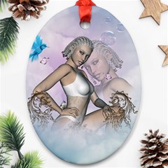 Fairy In The Sky With Fantasy Bird Oval Ornament (two Sides) by FantasyWorld7