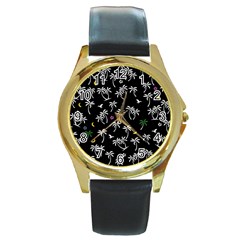 Tropical Pattern Round Gold Metal Watch by Valentinaart