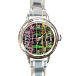 Pink green paint battle and black lightning  zigzag Round Italian Charm Watch Front