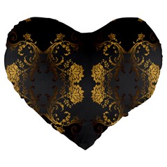 Beautiful Black And Gold Seamless Floral  Large 19  Premium Heart Shape Cushions by flipstylezfashionsLLC