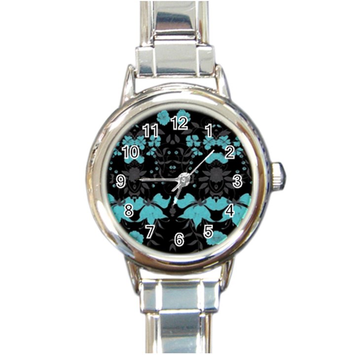 Blue green back ground floral pattern Round Italian Charm Watch