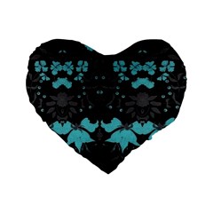 Blue Green Back Ground Floral Pattern Standard 16  Premium Heart Shape Cushions