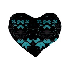 Blue Green Back Ground Floral Pattern Standard 16  Premium Flano Heart Shape Cushions