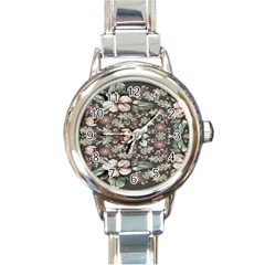 Seamless Pink Green And White Florals Peach Round Italian Charm Watch by flipstylezfashionsLLC